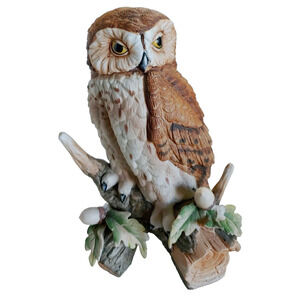 Vintage Lefton Owl Perching on Branch Figurine-READ-1985-Hand Painted 7in-#04746